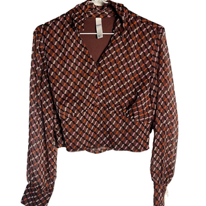 Kazo Geometric Print Long Sleeve Blouse Womens S Crop Top Brown Layering Retro